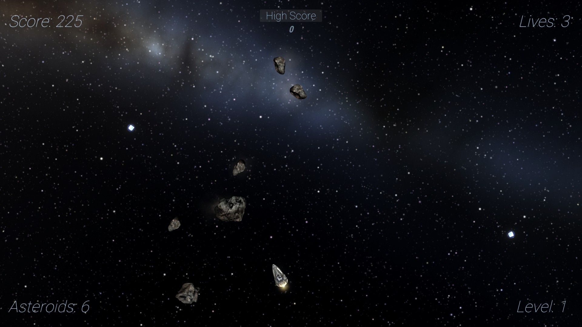Asteroid Navigation gameplay: ship weaving through an asteroid field