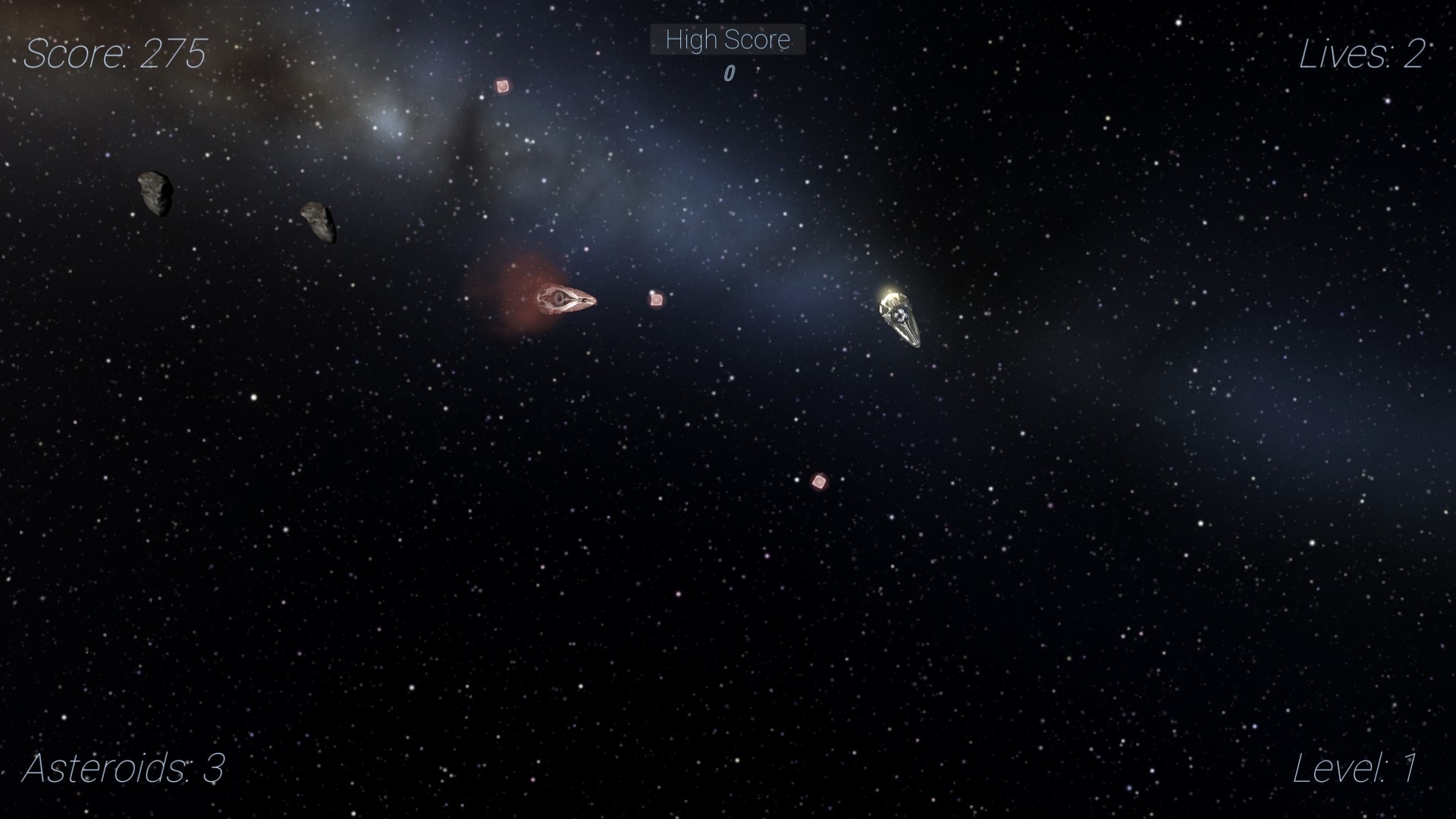 Asteroid Navigation gameplay: dogfight with an enemy ship trading fire