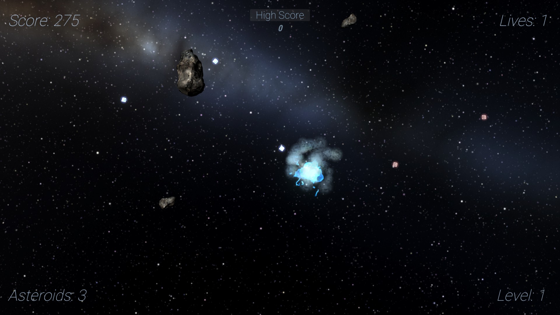 Asteroid Navigation gameplay: ship explosion amid asteroids with one life left
