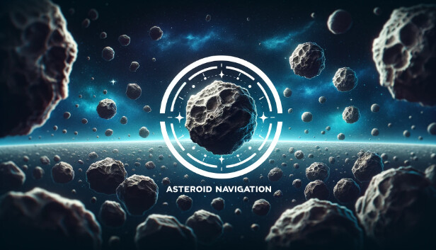 Asteroid Navigation key art with asteroid field and navigation emblem