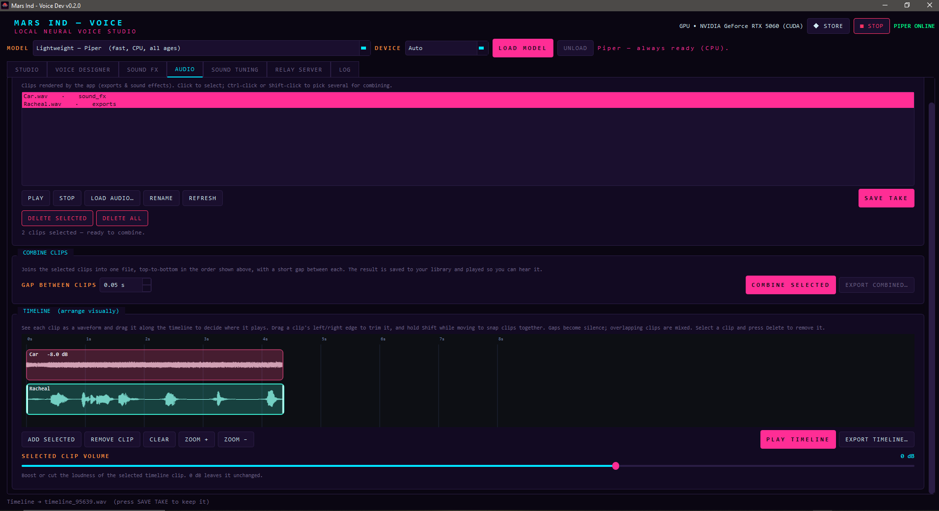 Mars Ind - Voice Audio tab: waveform clips arranged on a timeline for combining voices and effects