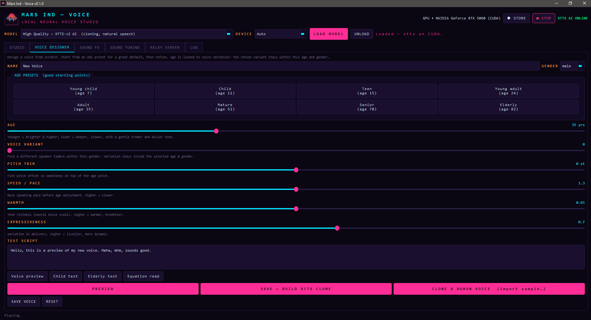 Mars Ind - Voice Designer tab: age presets and sliders for pitch, warmth and expressiveness