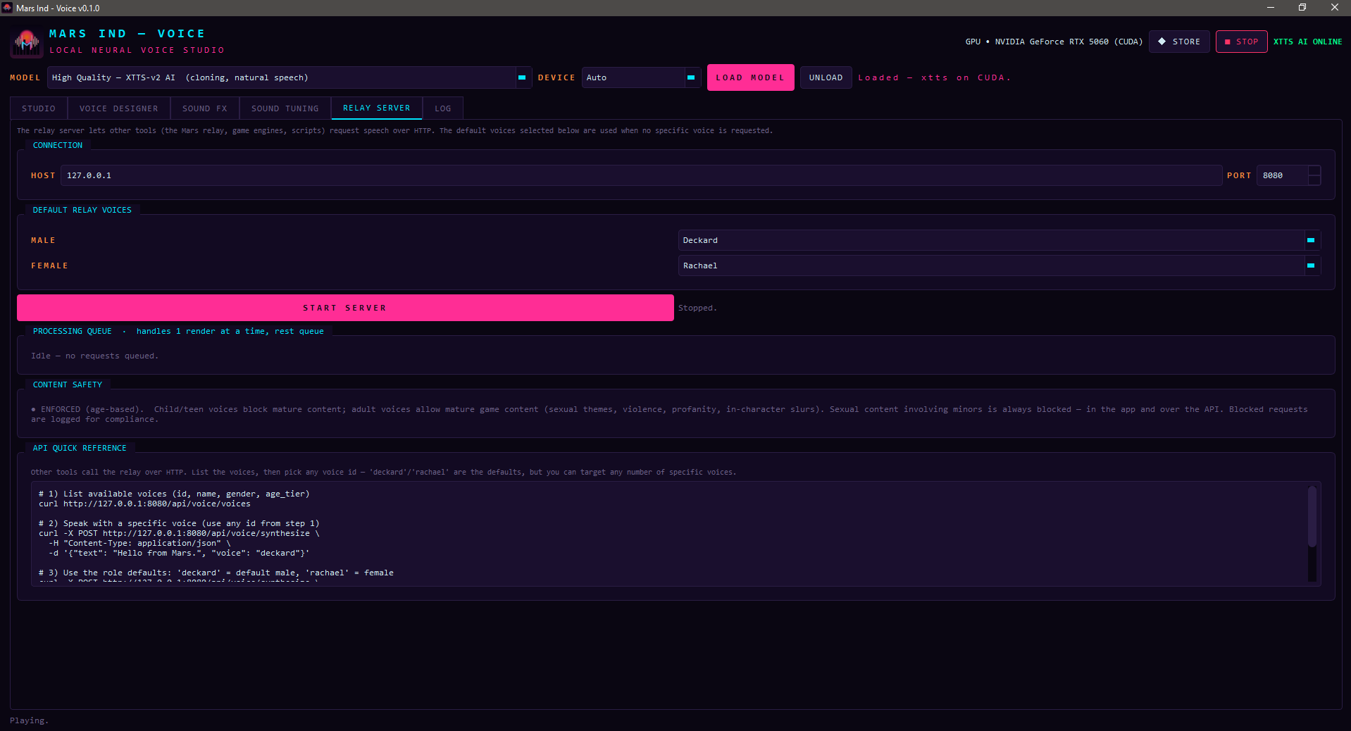 Mars Ind - Voice Relay Server tab: HTTP server with default voices and API quick reference