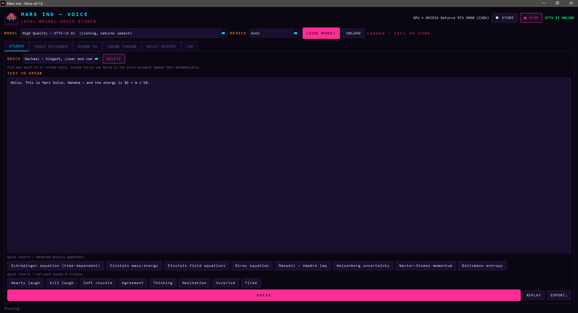 Mars Ind - Voice Studio tab: text-to-speech with voice selection and quick inserts