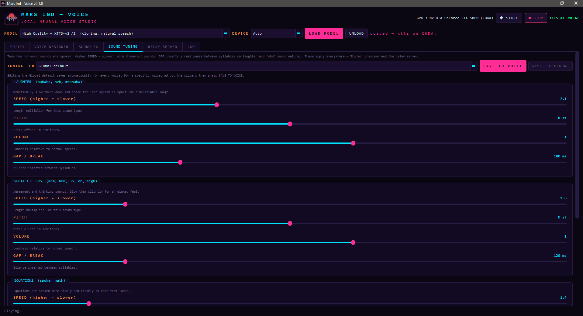 Mars Ind - Voice Sound Tuning tab: speed, pitch, volume and gap controls for laughter and fillers