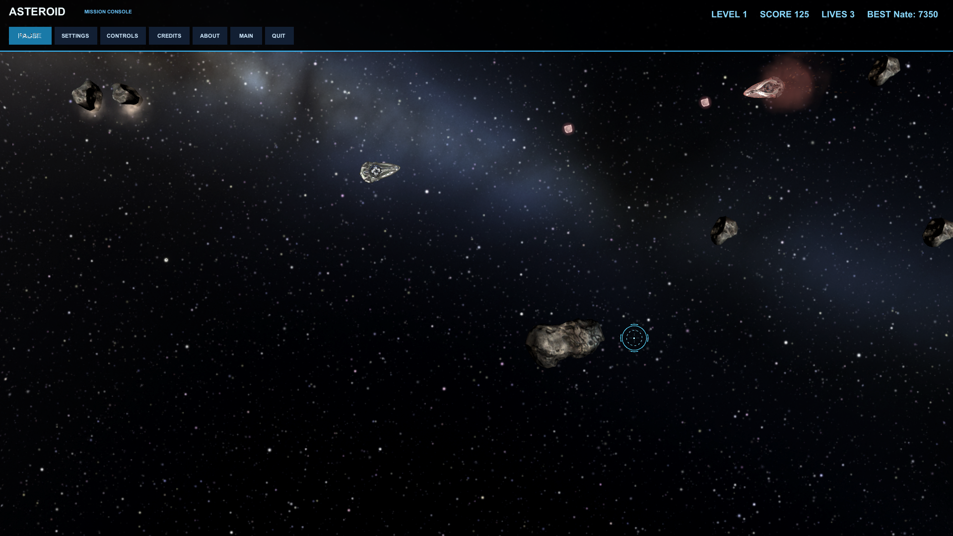 Asteroid Navigation gameplay: dogfight with an enemy ship trading fire