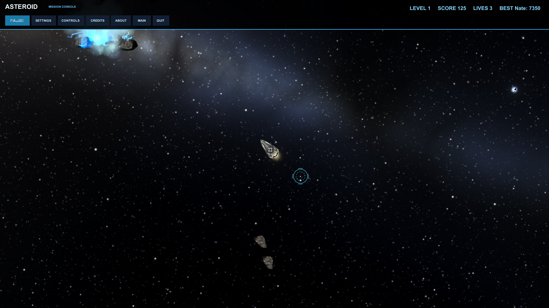 Asteroid Navigation gameplay: ship explosion amid asteroids with one life left