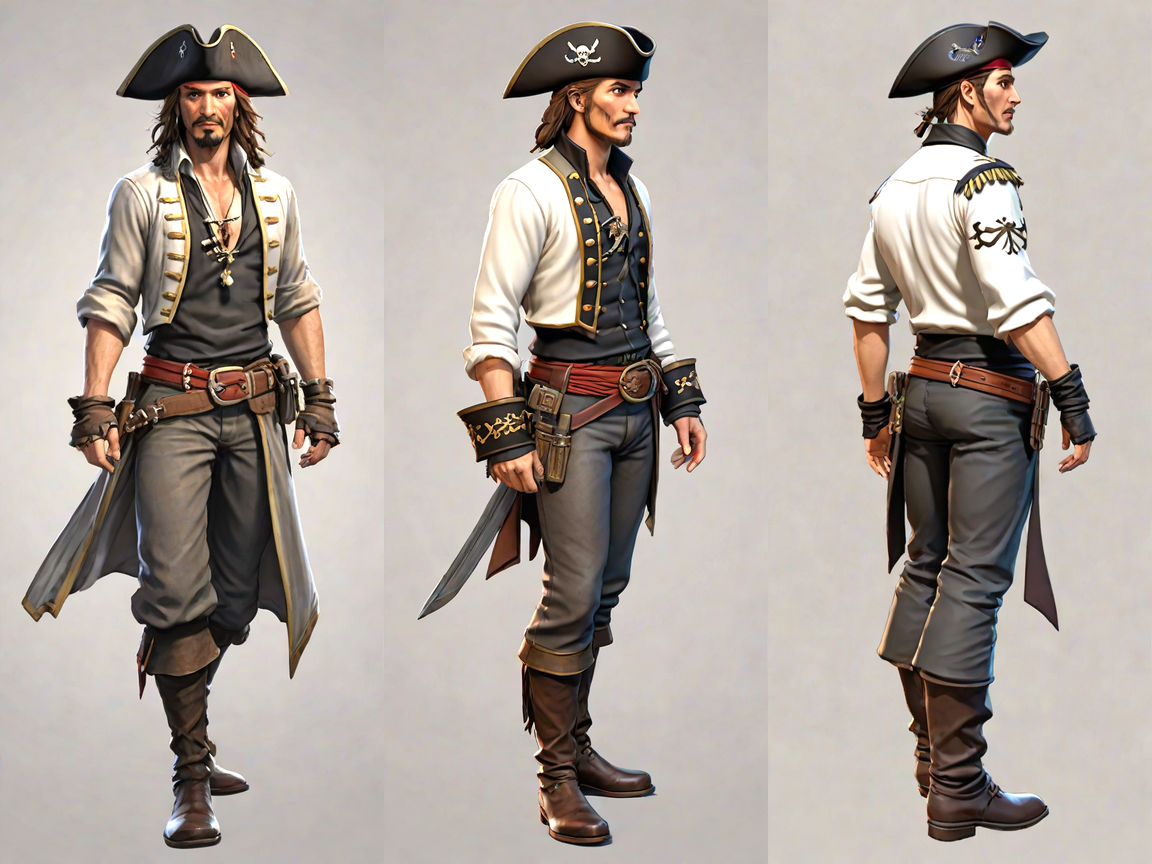 Three-view male pirate character sheet created in Mars Ind - Imaging
