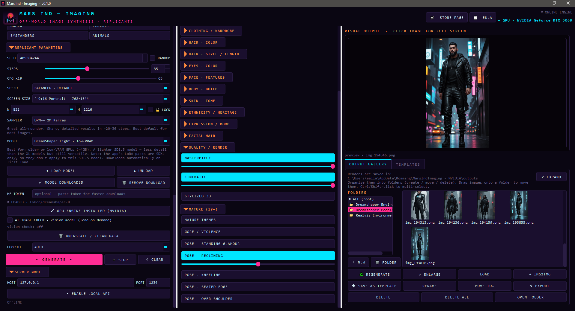 Mars Ind - Imaging generation console: seed, steps, sampler and model controls with live output