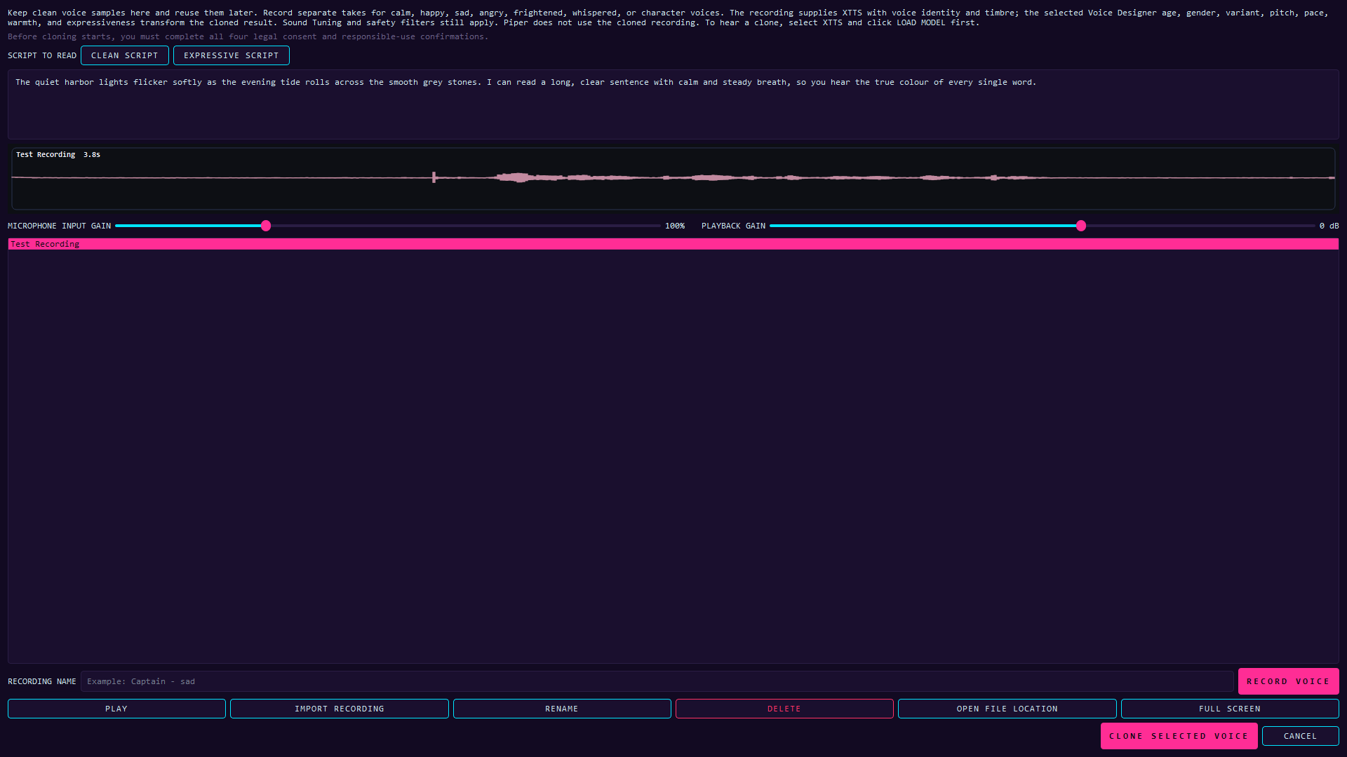 Mars Ind - Voice cloning studio with recording waveform, gain controls, recording library, and clone selected voice action