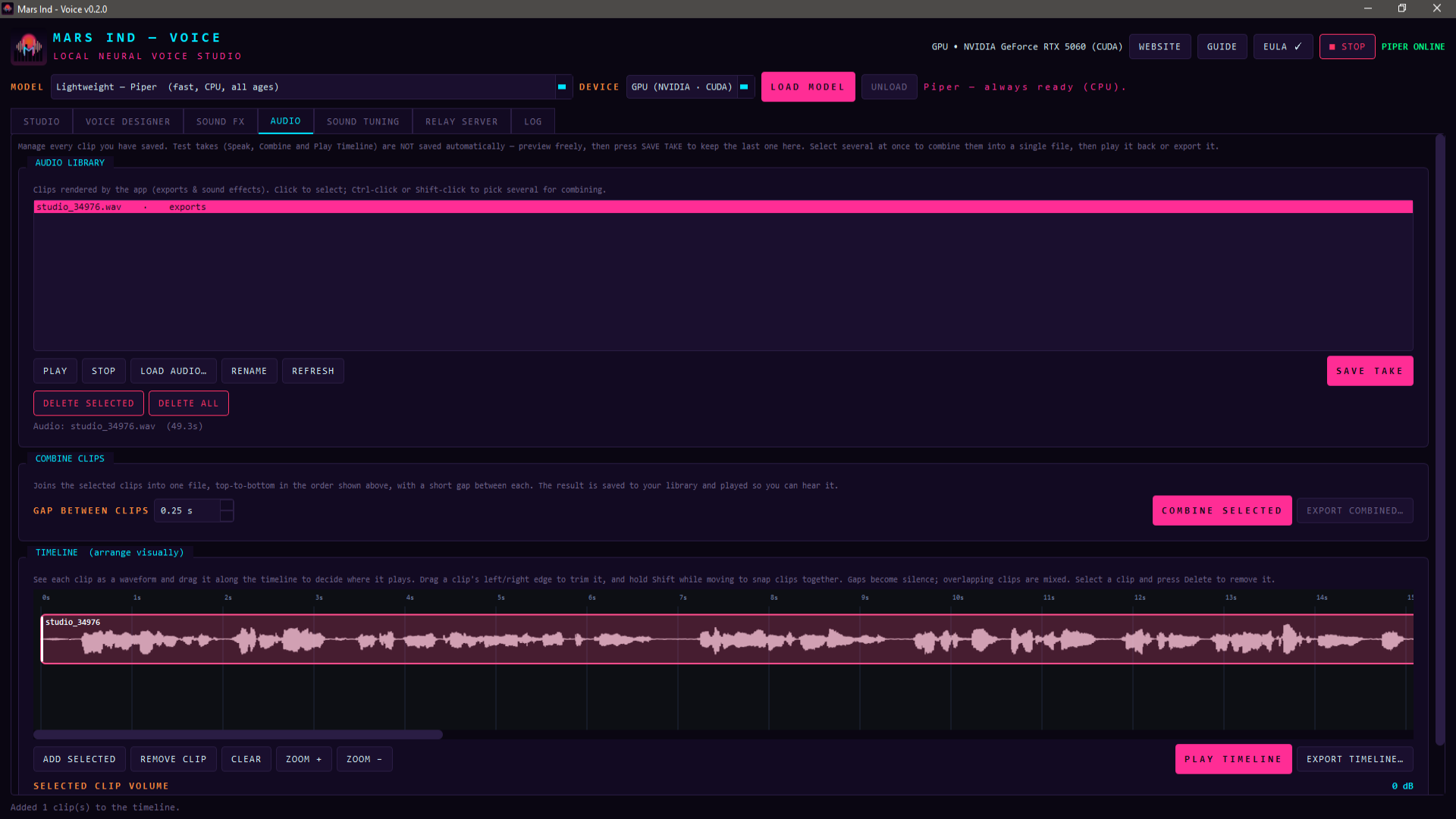 Mars Ind - Voice Audio tab: waveform clips arranged on a timeline for combining voices and effects