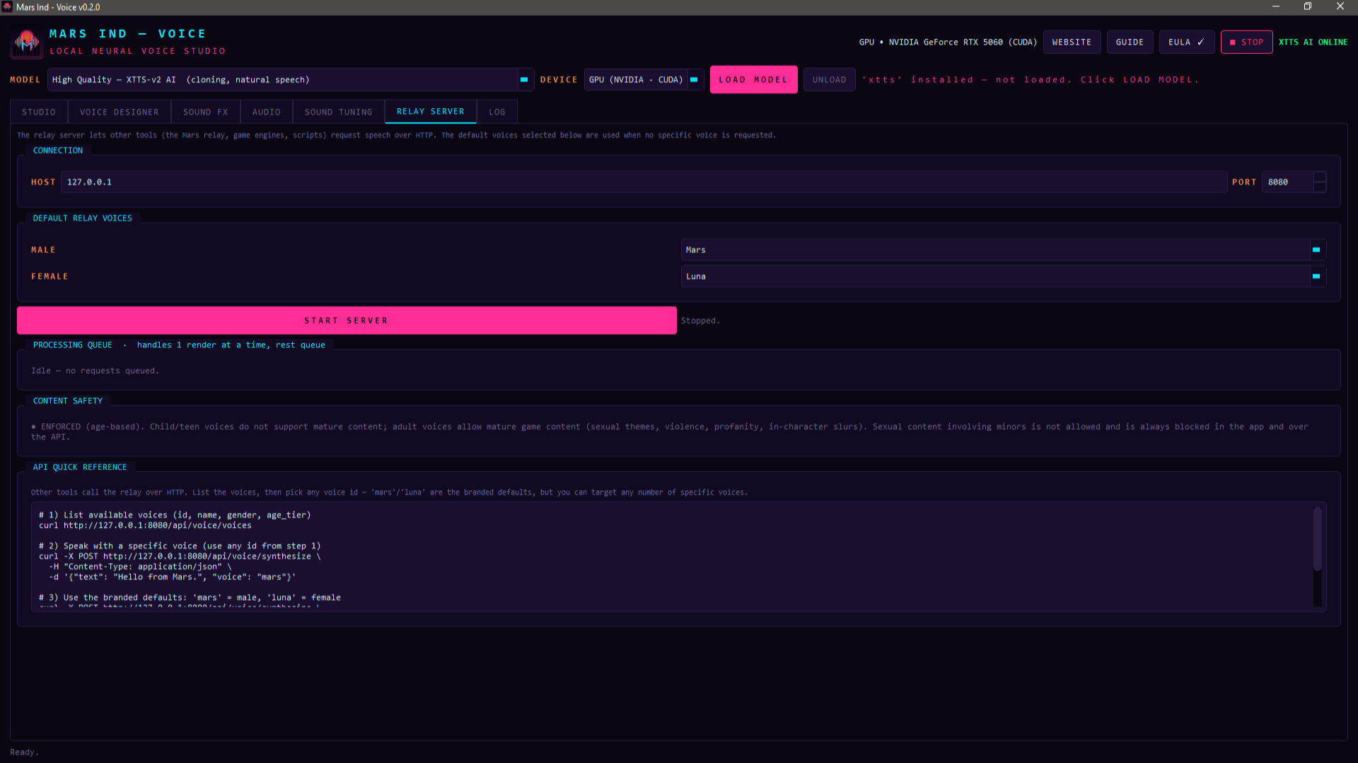 Mars Ind - Voice Relay Server tab: HTTP server with default voices and API quick reference