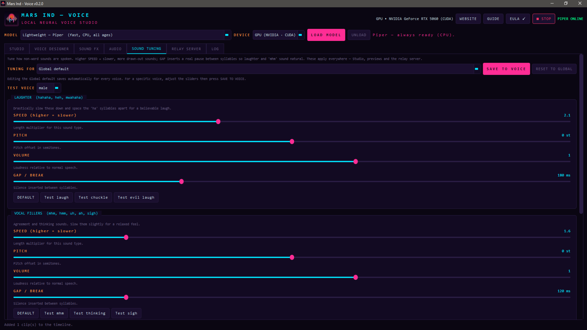 Mars Ind - Voice Sound Tuning tab: speed, pitch, volume and gap controls for laughter and fillers