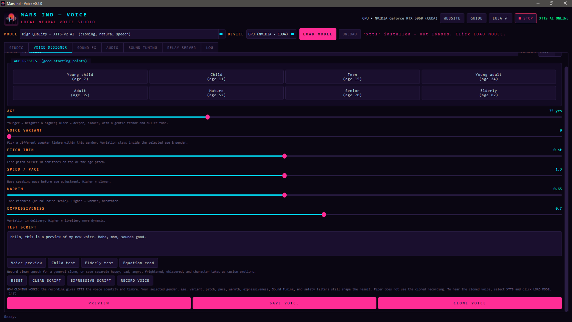 Mars Ind - Voice Designer tab: age presets and sliders for pitch, warmth and expressiveness